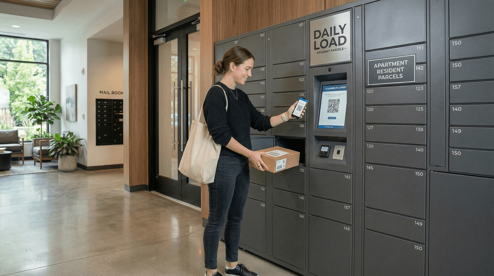 Resident collecting a parcel from a Daily Load smart locker in an apartment building lobby